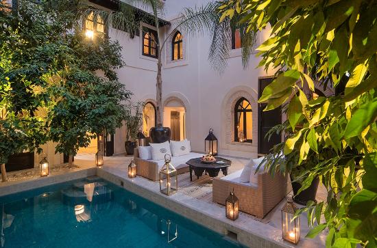 Lantern-lit courtyard and plunge pool at Riad Kheirredine