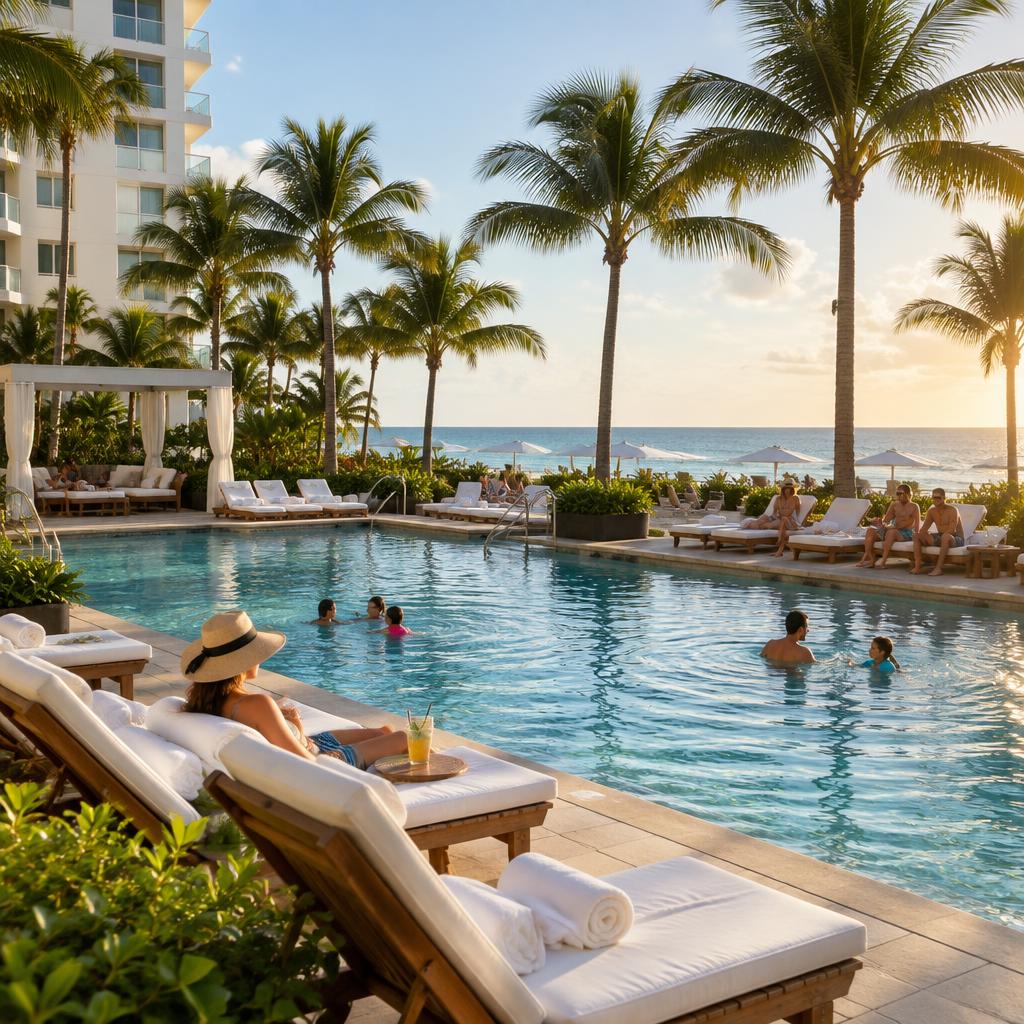 Pool terrace with palm trees and the ocean beyond